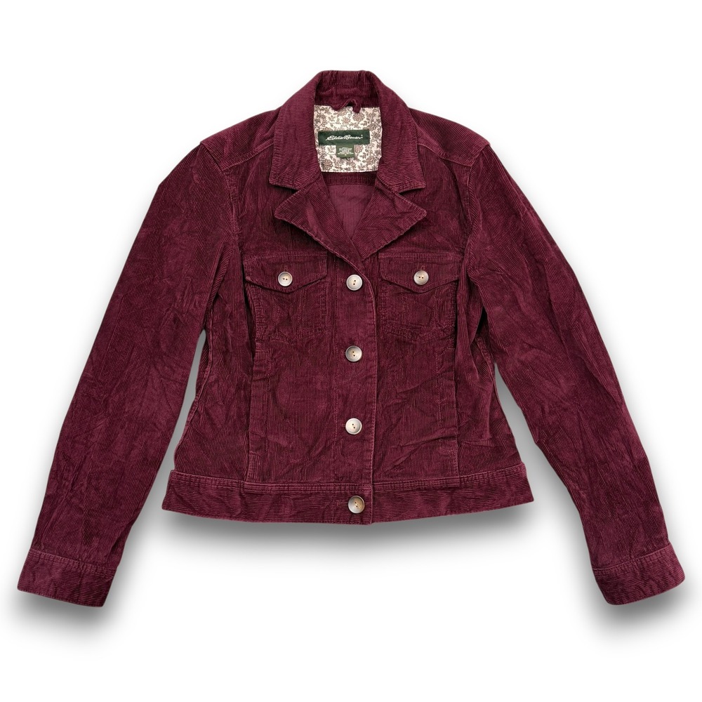 Eddie Bauer Corduroy‎ Jacket Womens S Burgundy Buttoned Stretch Floral Lined